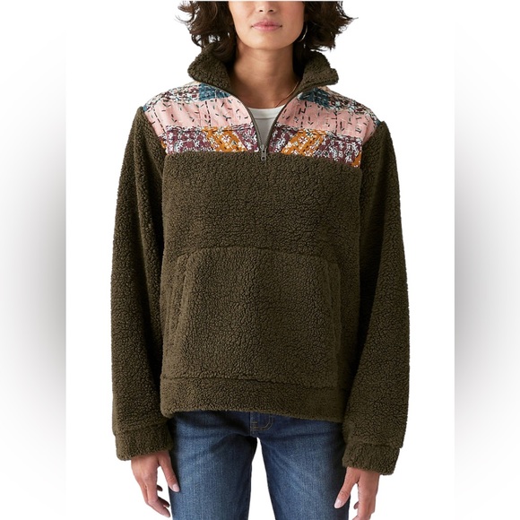 LUCKY BRAND Women’s Long Sleeve Half Zip Quilted Sherpa Pullover in Olive Size S - Picture 2 of 13